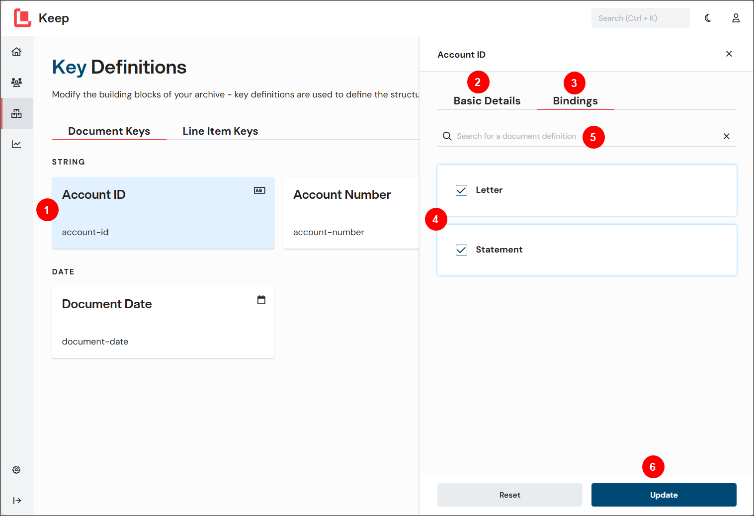 A number-annotated screenshot that supports instructions on how to edit a key definition.